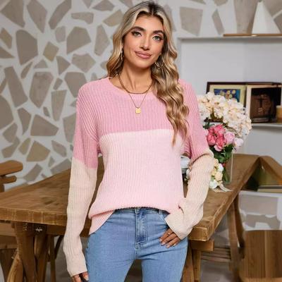 Women's Fall/winter Commute Loose Patchwork Long-sleeved Knit Top Crew-neck Pullover Sweater