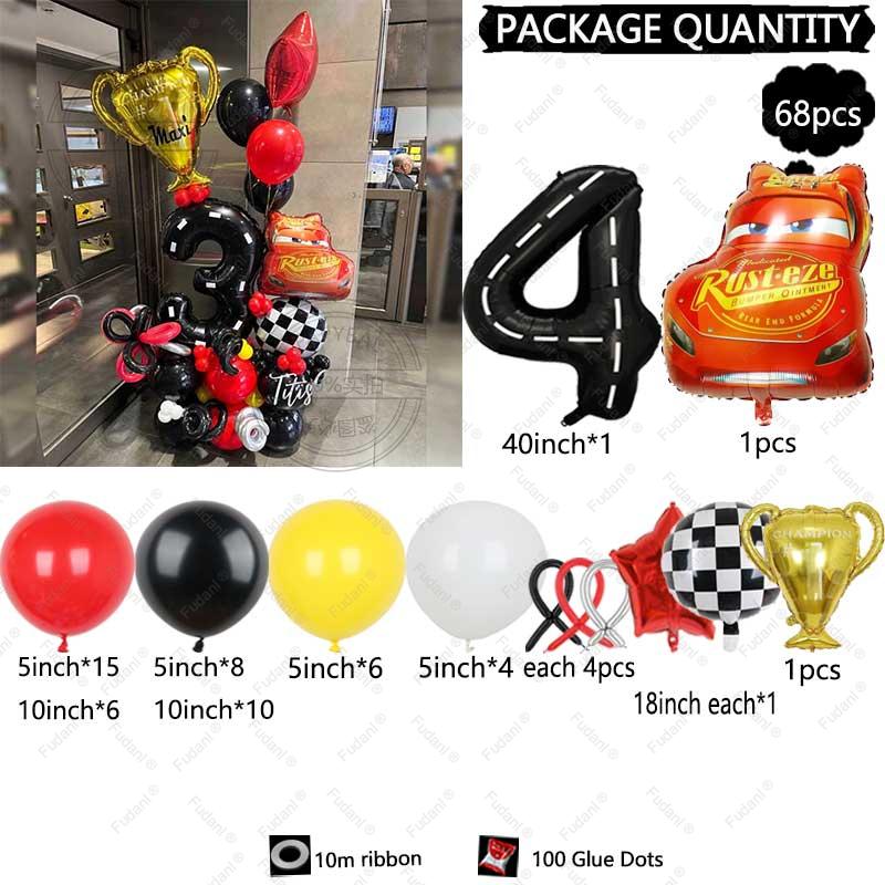 68PCS Cartoon Cars Series Lightning McQueen Red Yellow Black Latex Balloon Set 40inch Number Foil Ball Boy Birthday Party Favors