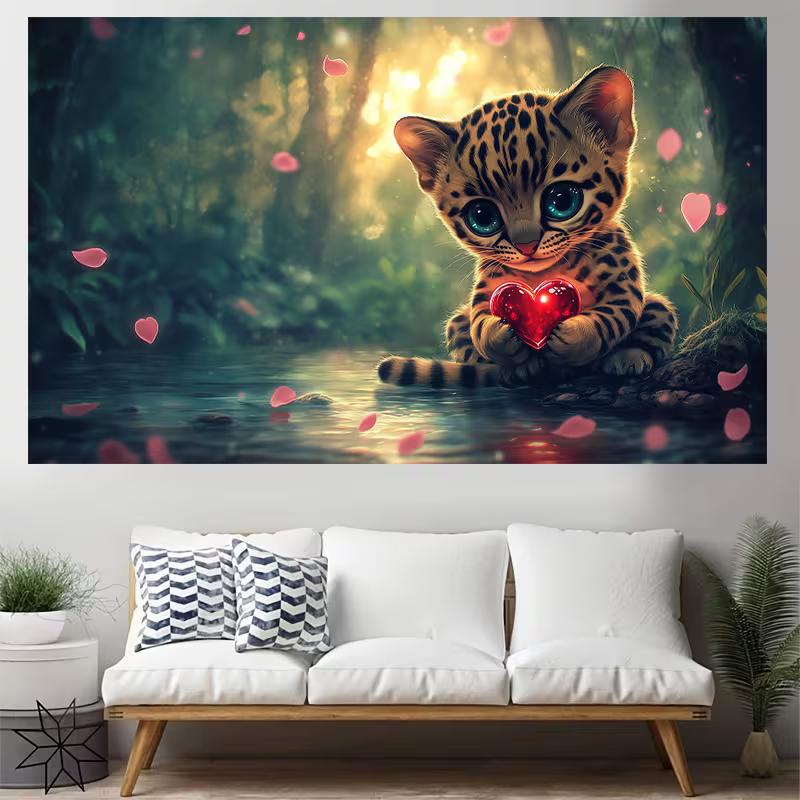2D Rainforest Baby Leopard Holding Crystal Heart Home Wall Decor 47.2x31.5inch/120*80cm