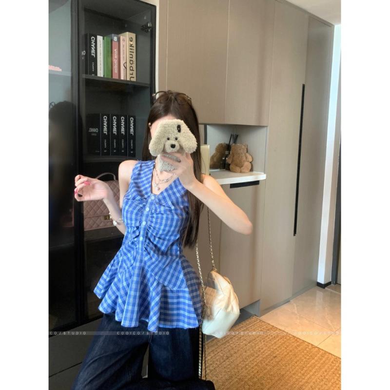 Korean neck V-neck sleeveless sling vest women's design sense waist temperament plaid shirt top women's autumn