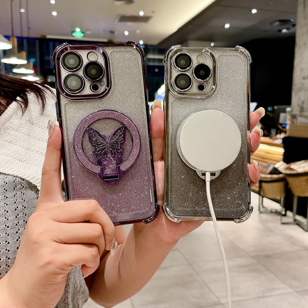 Applicable To Apple 16 Butterfly Flash Powder Stand Magnetic Snap Case Four Corner Airbag Anti-fall IPhone 15 Protective Case 13
