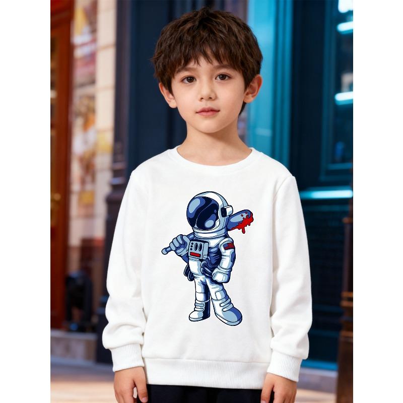 European sizes Kids' Fashion Crew Neck Pullover, Long Sleeve Top with Cartoon Astronaut Print, Suitable for Daily Casual Wear and Outdoor Activities