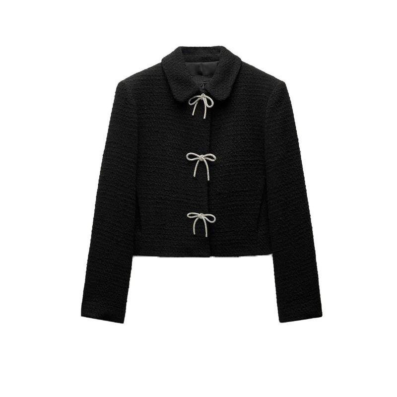 

Autumn and Winter New Women clothes Graceful Bow Button Decoration Long sleeve Lapel Texture Outerwear 8711123 Black L