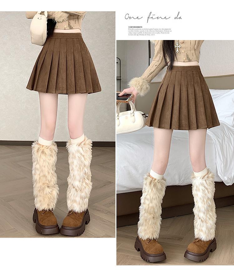 Coffee Maillard Suede A-line Pleated Skirt - Women's Autumn/Winter Petite Leather-look Skirt