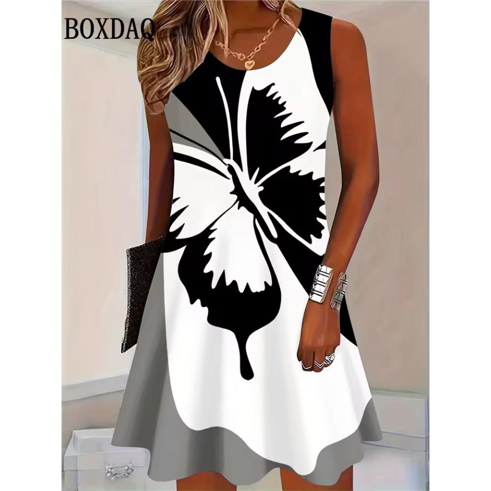 Summer Sleeveless Dress Women Fashionable Colorful Flowers Butterflies 3d Print Versatile Mini Dresses Comfortable Plus Size 8XL Soft Breathable Dress