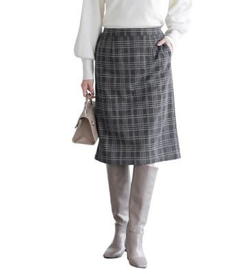 Pierrot Brushed Stretch Size Check Pattern Cashmere-Touch I-Line Skirt, Fabric, Waist, Below-the-Knee Length, Women's, M,