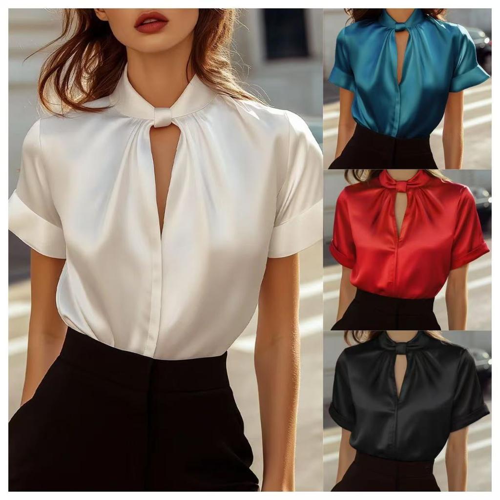 Women Red Satin Keyhole Neck Tie Detail Cuffed Short Sleeve Blouse