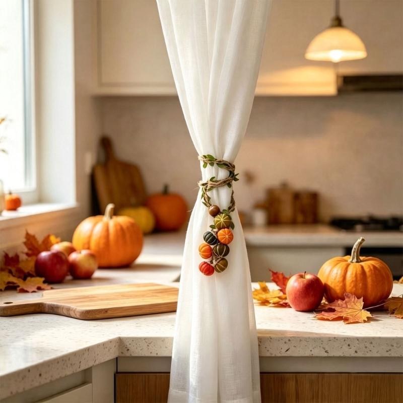 Harvest Curtain Holdback in Polyester with Pumpkin Charms for Window Panels, Door Curtains, and Seasonal Party Displays