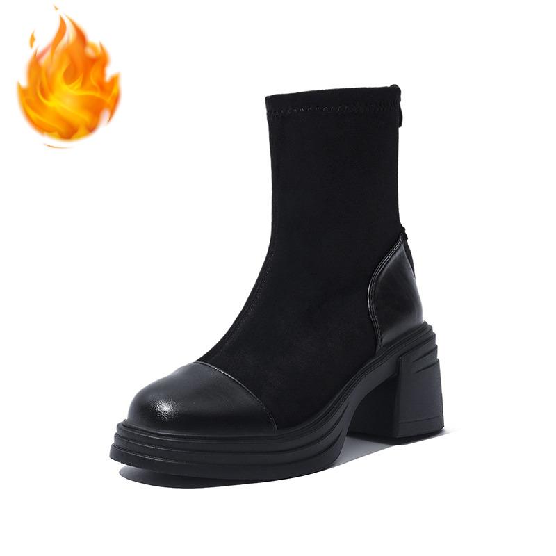 Winter Short Plush Inside Women Ankle Boots Platform Thick Heels Shoes Fashion Banquet Party Stretch Slim Short Botas Mujer