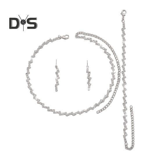 

3 шт./комплект женский комплект ювелирных изделий горный хрусталь чокер висячие серьги браслет комплект с удлинительной цепочкой выпускной вечер невесты свадебные украшения серебряный