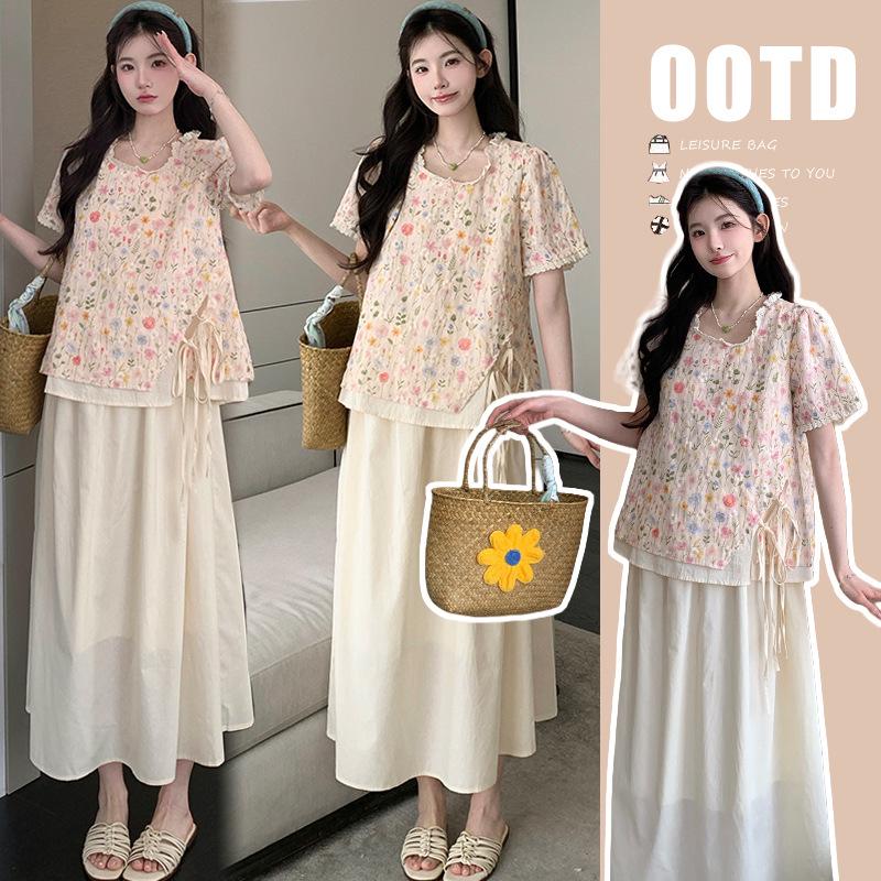 2026 Summer Korean Floral Maternity Top & Skirt Set Medium
