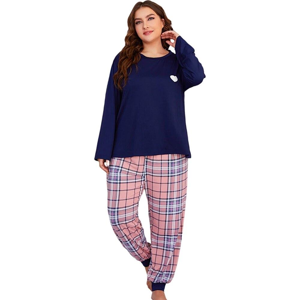 Set pijamale mărime mare pentru femei Pantaloni cu mâneci lungi Îmbrăcăminte acasă Gât rotund Pijamale 2 piese