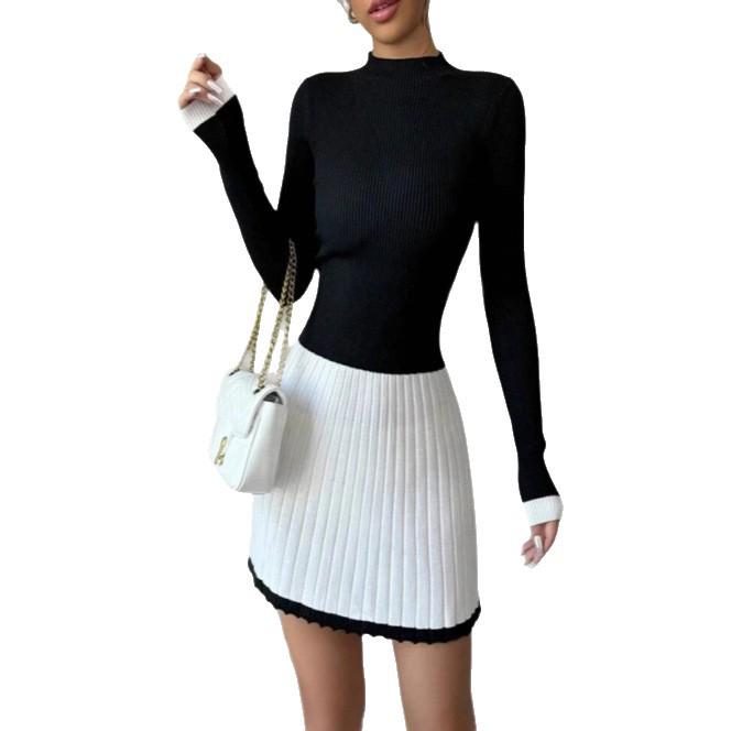 Vestido Suéter Emagrecedor Patchwork Preto e Branco 2025 com Gola Redonda