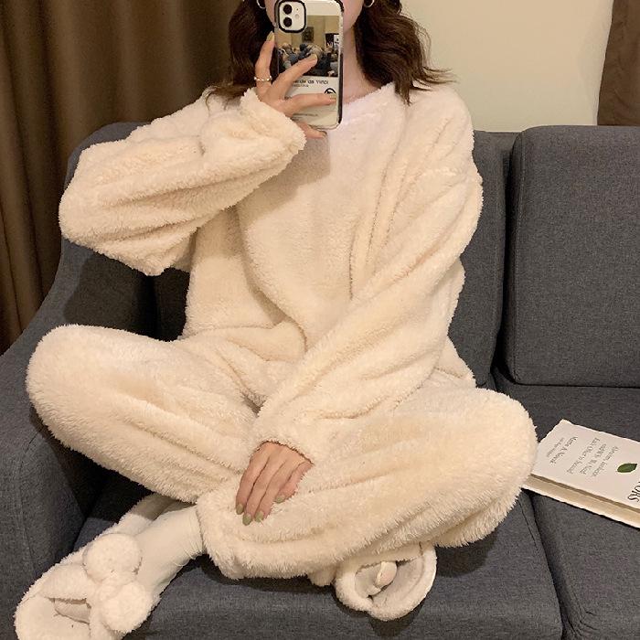 Women's Winter Plush Pajamas Set: Long-Sleeve, Solid Color, Thick Coral Fleece for Home or Outdoor Wear