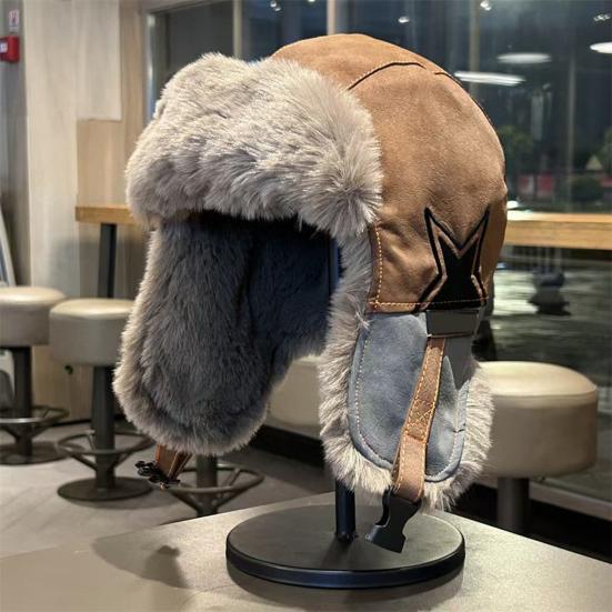 Lei Feng Hat with Adjustable Plush Lining All-Round Thermal Barrier Ear Protection Hat Windproof Water-Repellent Winter Cap