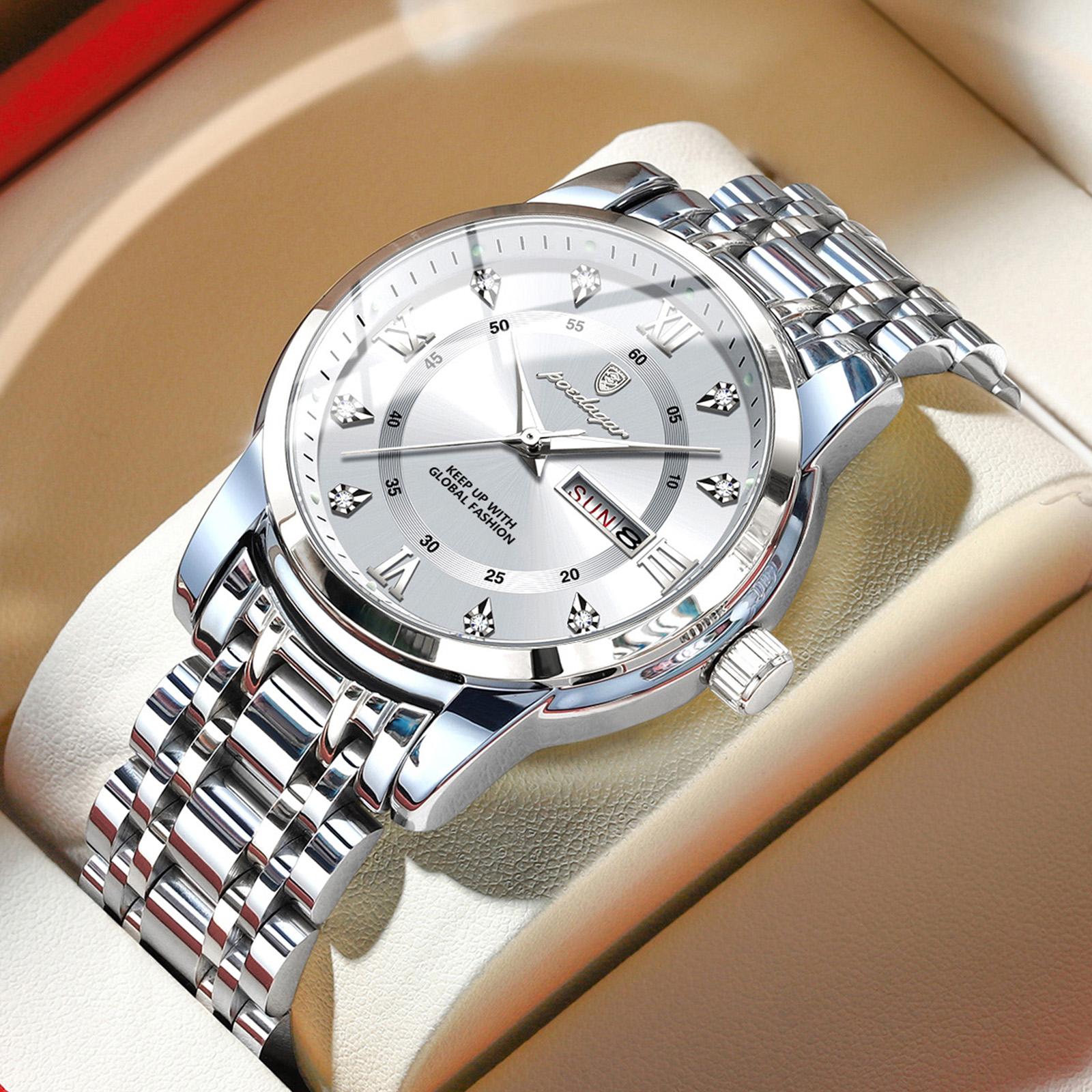 

POEDAGAR Sport Casual Man Wristwatch Waterproof Stainless Steel Luminous Original Watch Date Week Quartz Watches Reloj срібний/білий