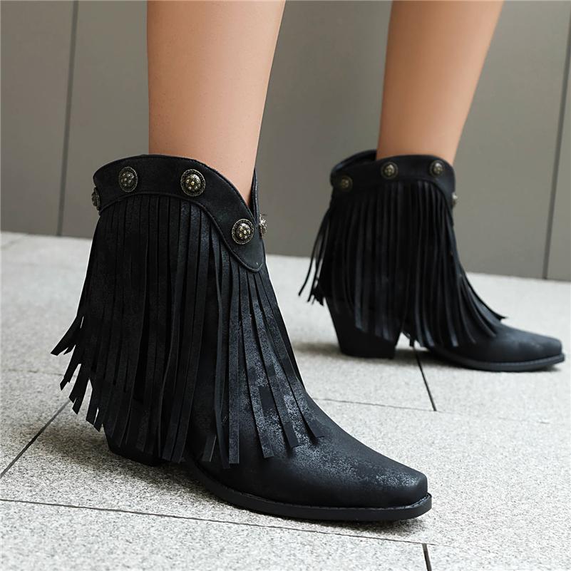 FOREADA Women Ankle Cowboy Boots Round Toe Block High Heels Western Boots Metal Decoration Tassel Cowgirl Short Boots Lady Fashion Shoes Autumn Winter