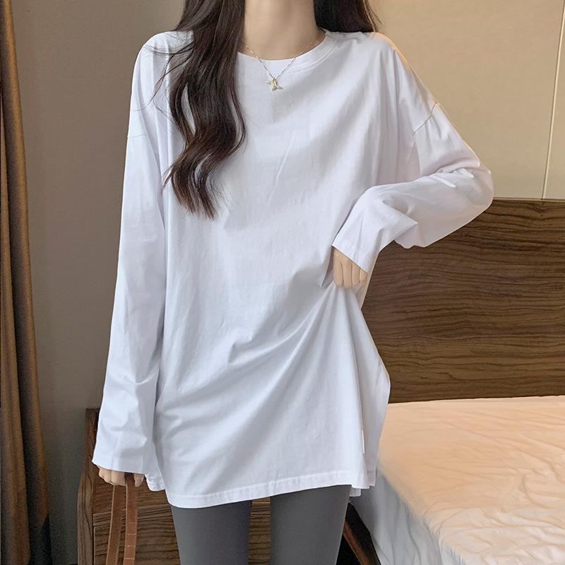 Design sense niche split fork foreign style bottoming shirt women's autumn pure cotton white inner long-sleeved t-shirt cover butt top