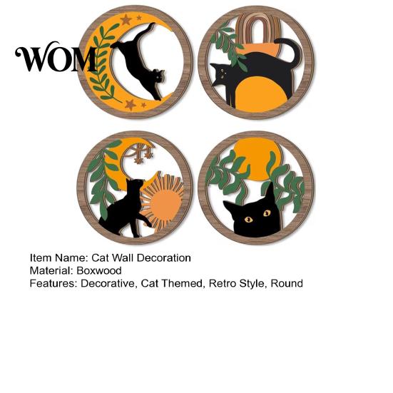 Wooden Cat Wall Art 4Pcs 3D Boho Decoration, Round Hangings, Animal Star Sun Moon Silhouette Botanical Decor, Layered Wood Plaque for Living