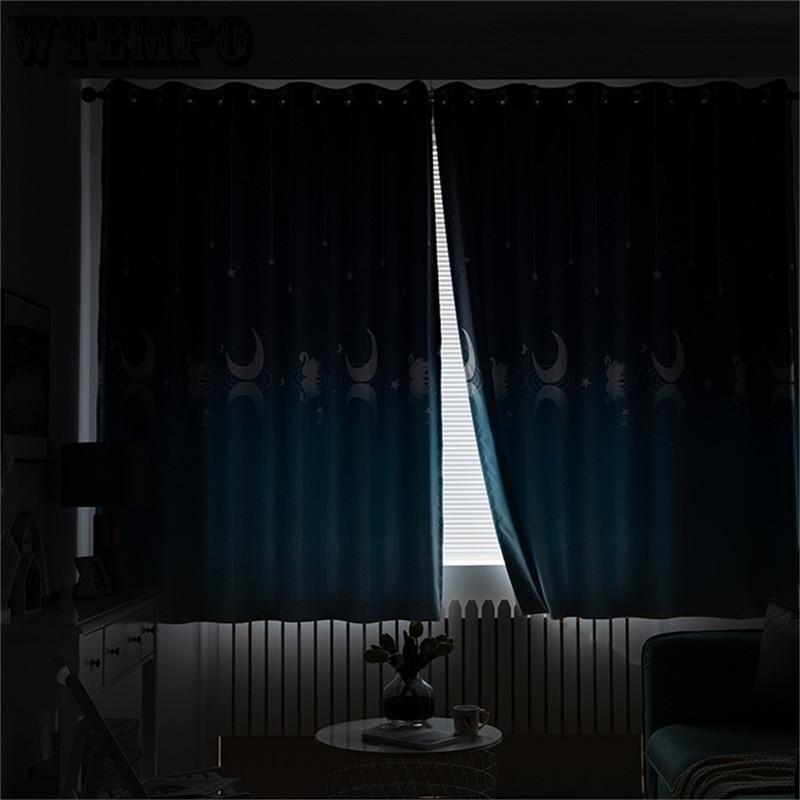 2pcs Home Supplies Full Blackout Print Perforated Curtains Living Room Bedroom Bay Window Finished Decor Curtains