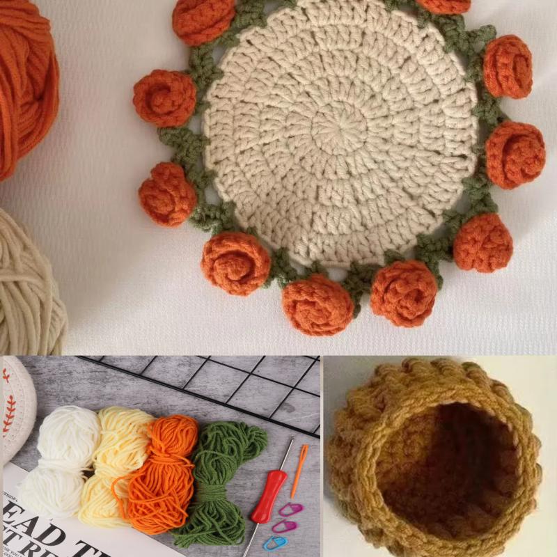 Diy Rose Bouquet Coaster Material Kit Handmade Crochet Flower Placemat Cupmat Home Desktop Potted Plant Ornaments Gift