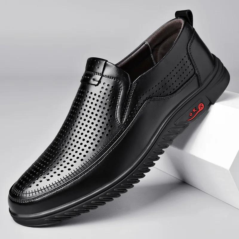 Pánské kožené boty, jaro, podzim, léto, hovězí kůže, perforované, pánské obchodní sandály, módní ležérní pánské mokasíny