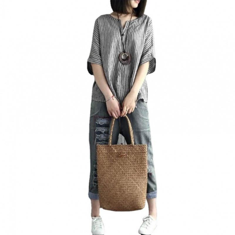 Vintage Striped Cotton T Shirt With Print For Casual Women Summer Wear