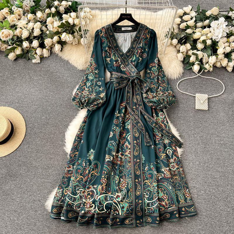 

Early Spring One Piece Shoelace Elegance Print Dress Dark green L