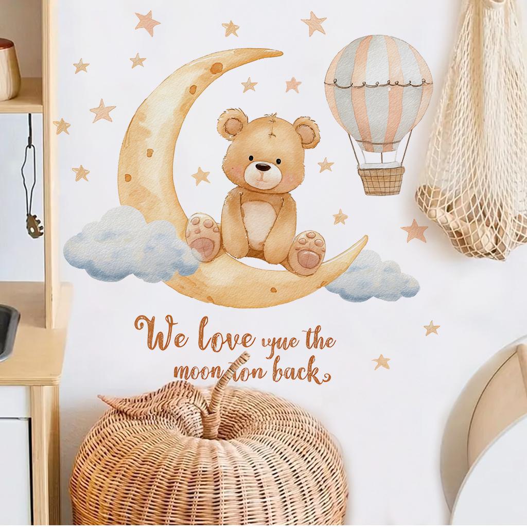 Self-adhesive Removable Wall Stickers Cute Bear Hot Air Balloon Stars Moon for Kids Room Bedroom Home Decor