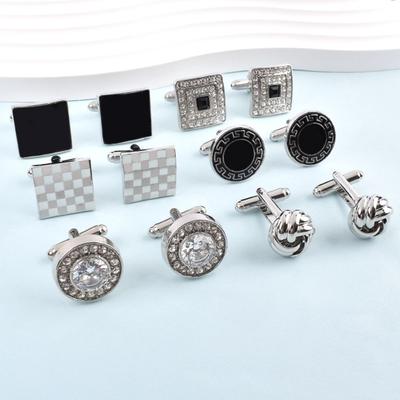 1 Pair Men Cufflinks Polished Smooth Surface Rhinestones Inlaid Rectangle Round Twist Shape Suit Shirt Cufflinks Button Replacement Accessories