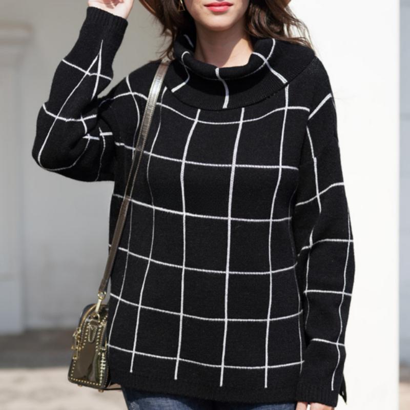IHUASU Women's Autumn and Winter High Neck Pullover Loose Commuter Knit Sweater Plaid Fashion Jumper