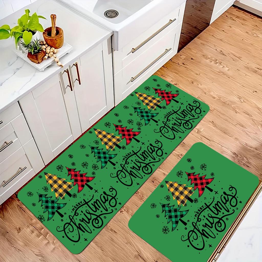 Christmas Kitchen Anti-slip Mat Carpet Flannel Doormat Two-piece Set