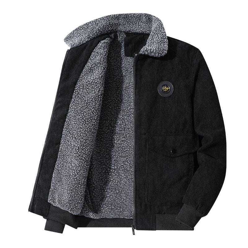 Corduroy Jacket Men's Autumn and Winter Thickened Velvet Casual Lapel Jacket Green and Medium Lamb Velvet Warm Winter Wear
