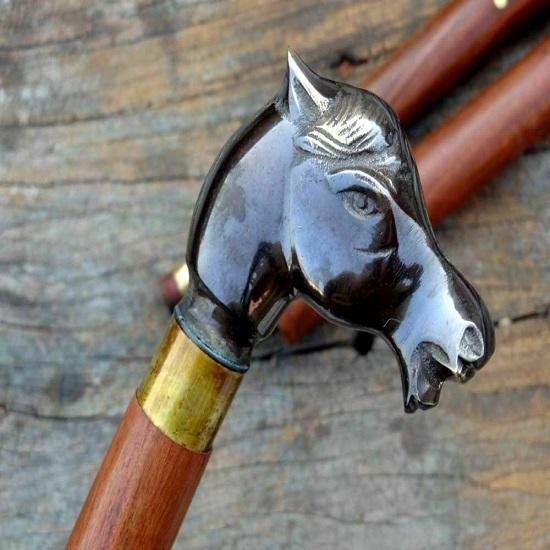 Antique Brass Horse Handle Wooden Vintage Style Walking Stick Cane Designer Gift