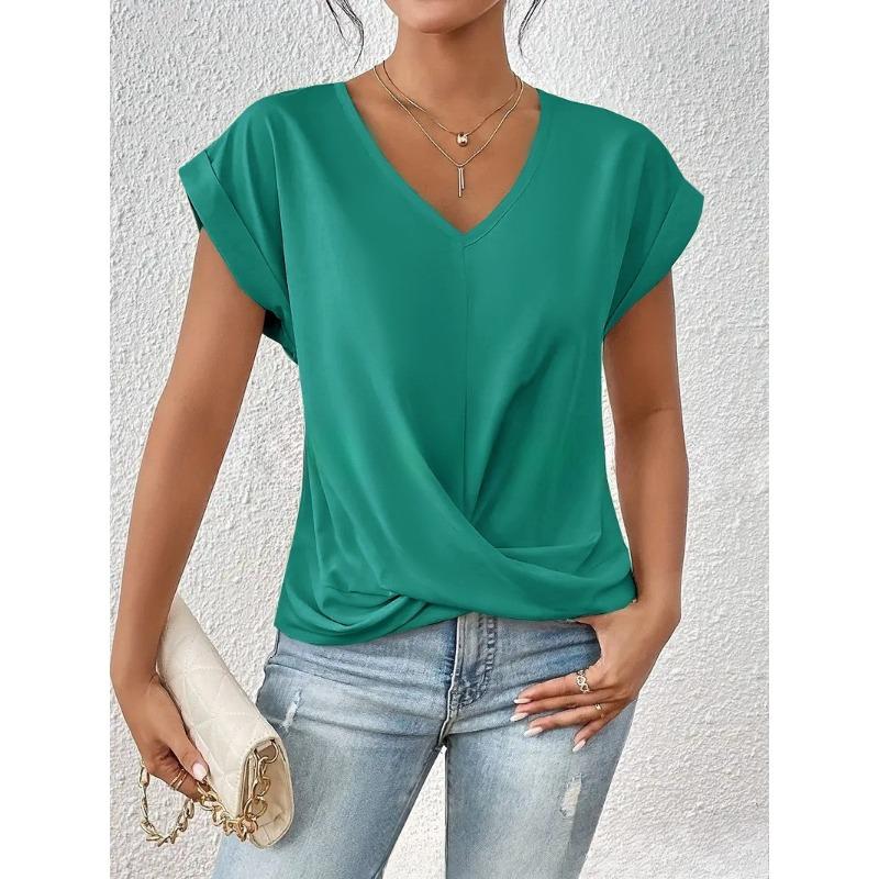 Damenmode Lässig Sommer Frühling Einfarbige Druck Kurzarm V-Ausschnitt Blusen Hemden