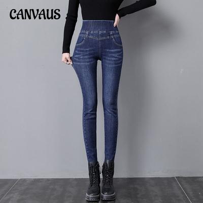 Printemps et automne femmes polaire jean chaud taille haute taille élastique maigre mollet pantalon crayon pantalon Denim jean