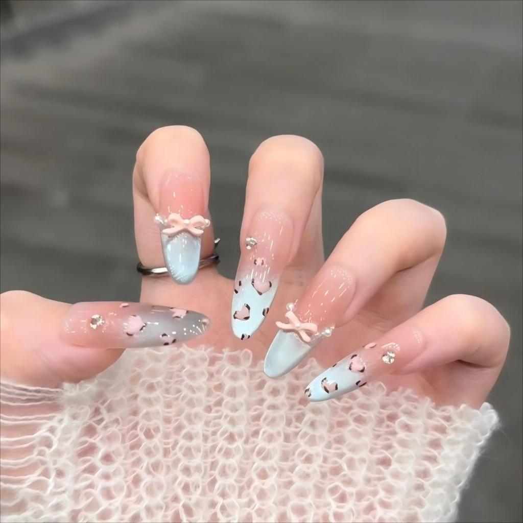 Handmade Medium-Long Ice Crystal Butterfly Cat Eye Nails for Brides or Pregnant Women