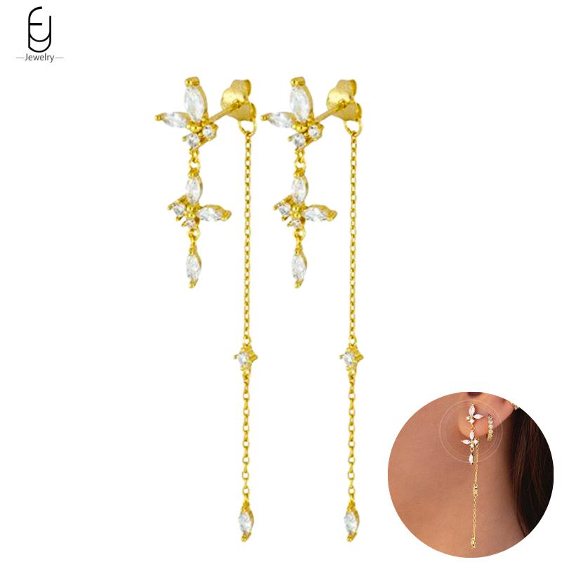 925 Silver Needle Vintage Gold Earrings Luxury Long Chain Tassel Crystal Hoop Earrings for Women Party Trend Jewelry