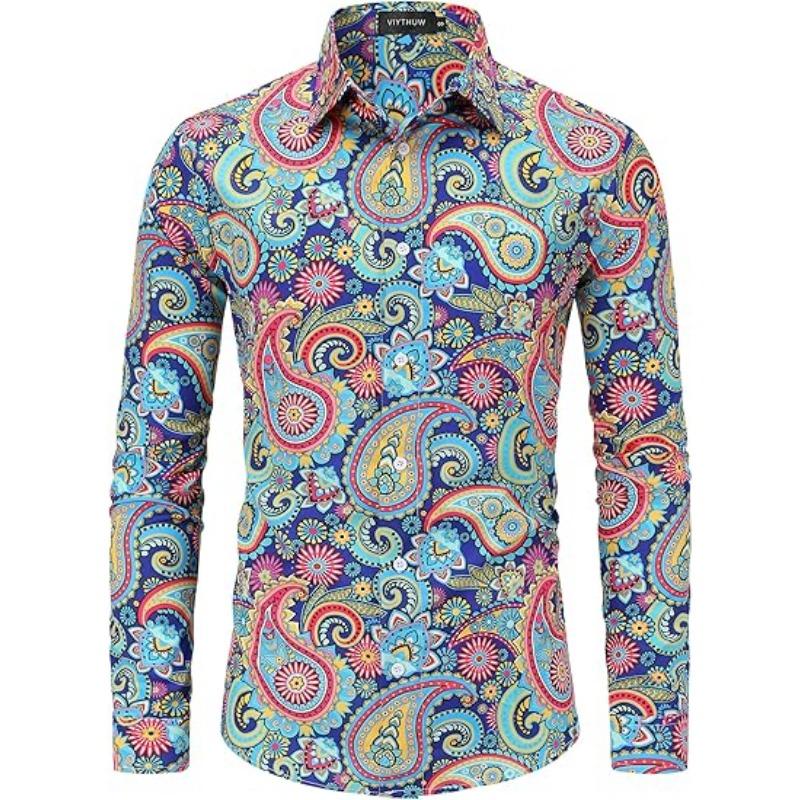 

70s Men s Clothing Long Sleeved Casual Buckle Collar Disco Retro Paisley Floral Retro Hip-hop Shirt Summer XL