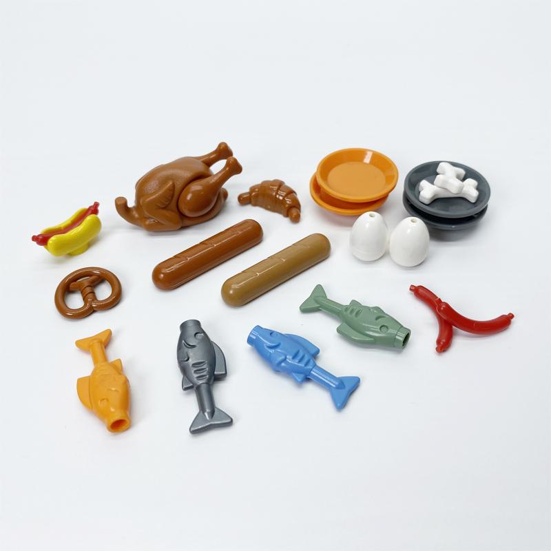 Food Building Blocks City Friend Accessories Bread Chips Roast Chicken Pizza Hot Dog Fish Fruit Carrot Basket Classic MOC Bricks