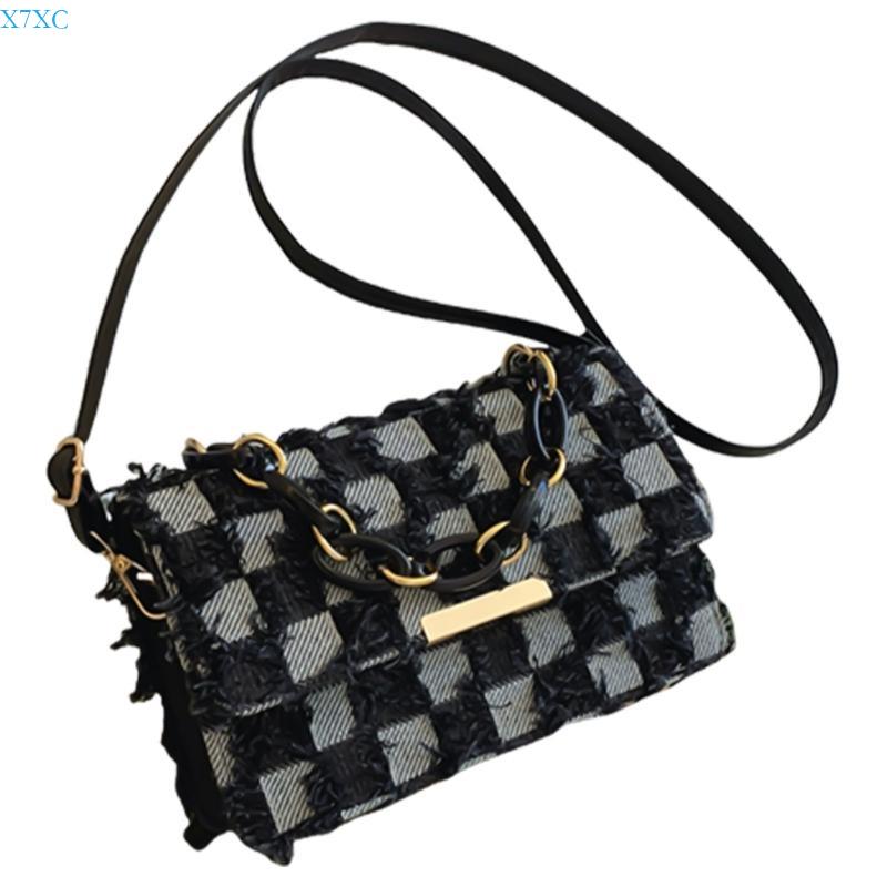 X7XC Korean Shoulder Bag with Adjustable Strap for Womens Chain Handle Denims Tassels Handbag Checkered Jeans Crossbody Purse