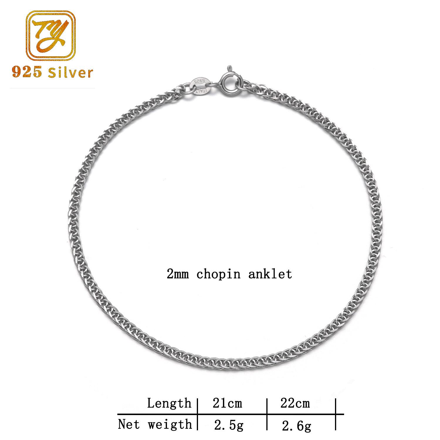 925 Sterling Silver Chopin Chain Anklet Fashionable Summer Women s Bracelet with Ankle Strap Gift серебряный