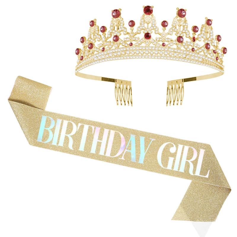 1Set Birthday Girl Satin Sash Rhinestone Crystal Tiara Crown for Women Girls Birthday Party Decorations A Sense of Atmosphere