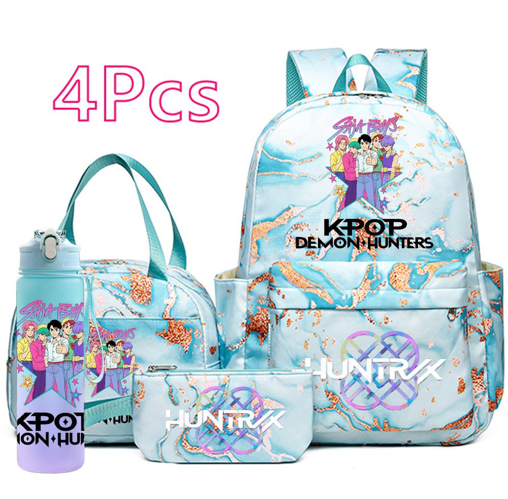 

4Pcs/set Cartoon Demon Hunters Printed Backpack Handbag Pencil Case with 750Ml Water Bottler for Teenager Boy Girl Large Capacity Schoolbag