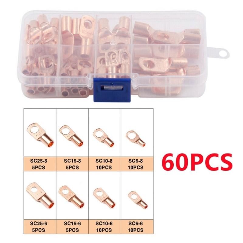 60Pcs Copper Lugs Rings Crimps Terminals Battery Wire Welding Cable Connectors Eyelets Tubular Rings Terminals Connectors