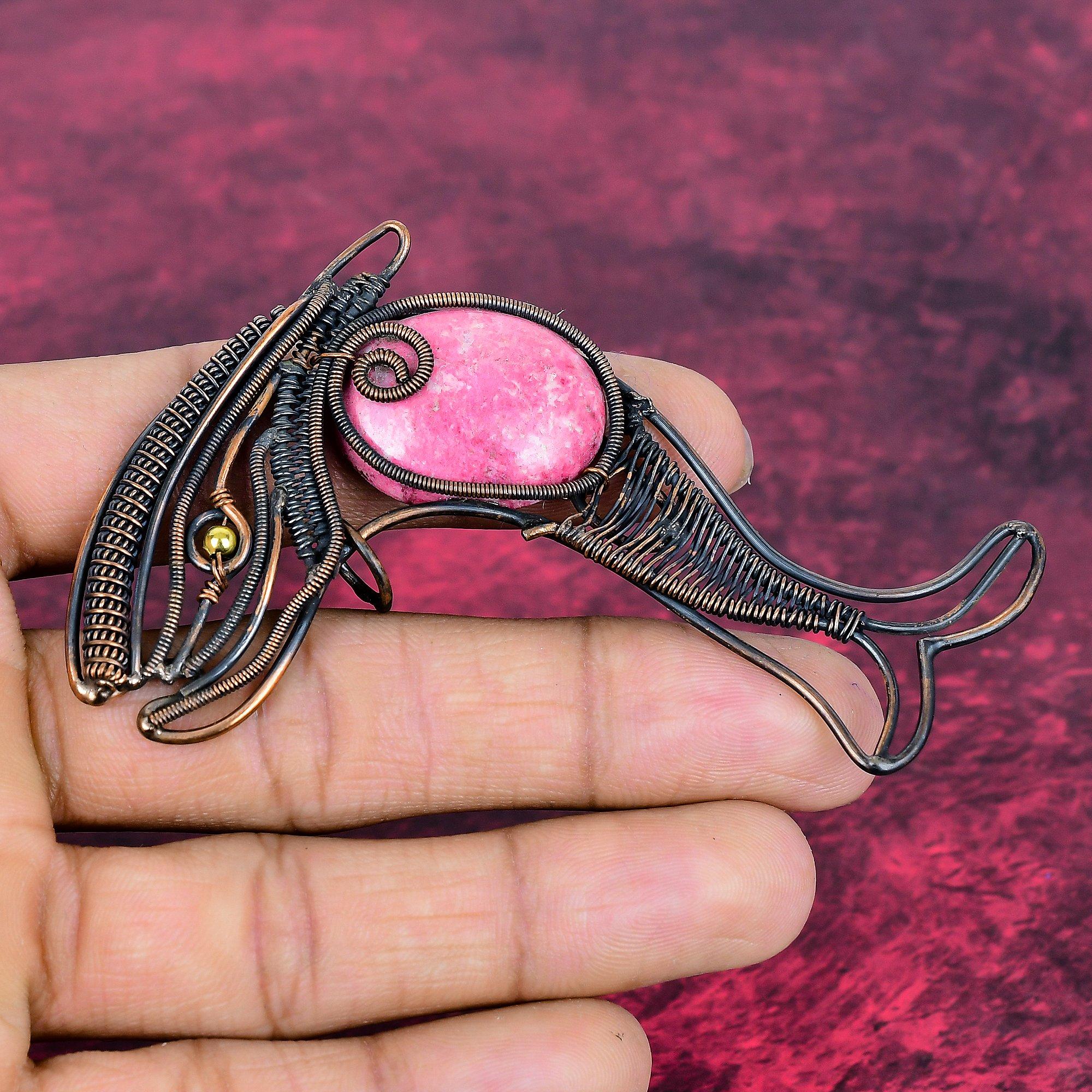 Thulite Real Gemstone Pendant Copper Wire Wrapped Handmade Jewelry Fish Pendant