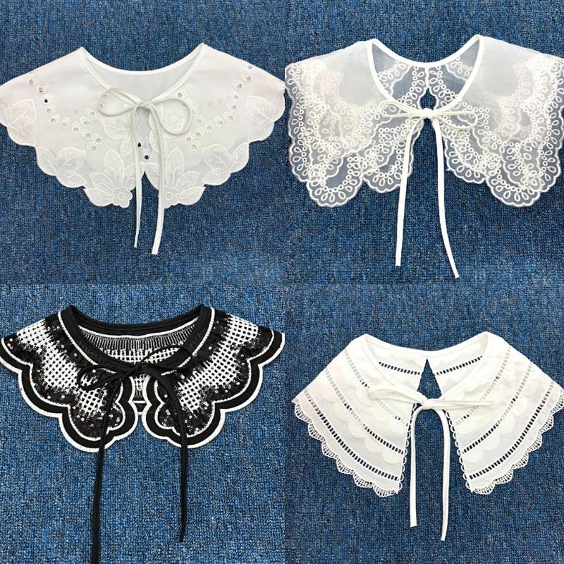 Perfect Match 28Gd Detachable Half Shirt False Fake Collar Embroidery Neck Ruff Shawl Dickey Mini Cape Lace-Up Ribbon Necklace Short Capelet