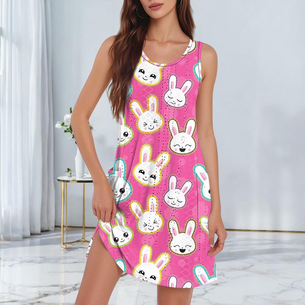 Women's Casual Fashionable Breathable Printed Tank Dress With Pockets And Split Hem