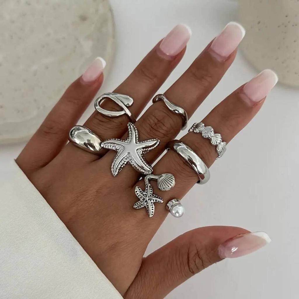 Ingemark 8pcs/set Bohemian Starfish Scallop Open Ring for Women Elegant Imitation Pearl Irregular Knuckle Ring 2026 New Jewelry