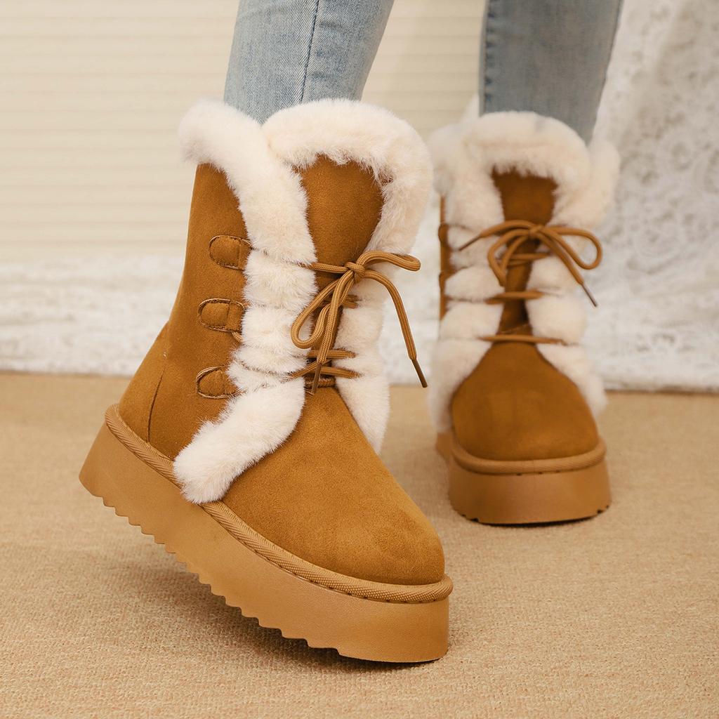 Fashion Khaki Platform Versatile Tall Snow Boots Women's 2025 Autumn and Winter New Warm and Heightening Snow Boots Cotton Shoes